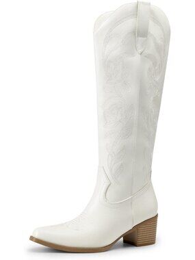 Women's White Cowboy Boot Western Comfortable Chunky Heel Square Toe Embroidered